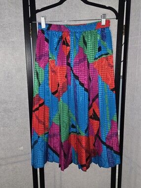 Vintage Bright Multicolored Geometric Pleated Paisley Satin Skirt Size 10 80s